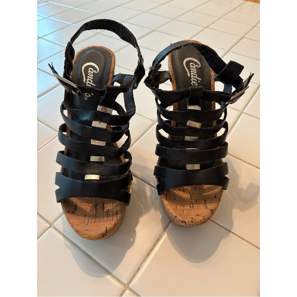 Candies Black gold Brown Gladiator Wedge Sandals heels size 6 summer costume